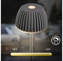 Dimmbare LED-Tischleuchte mit grauem plissiertem Schirm und Touch-Funktion zur Helligkeitsregulierung von 100 bis circa 10 Prozent.