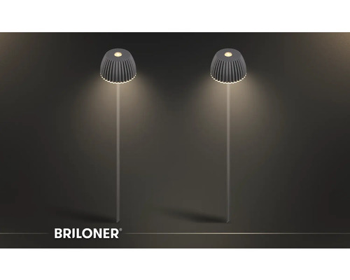 Zwei Briloner Solar-Gartenleuchten mit geripptem Schirm und warmweißem Licht nach oben und unten an langen Erdspießen. Briloner Logo.