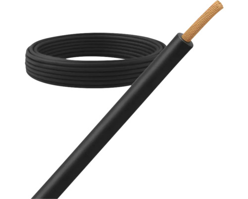 Schwarze Aderleitung mit abisoliertem Ende aus Kupfer und Kabelrolle.