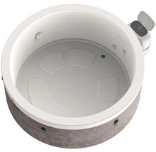 Runder aufblasbarer Whirlpool mit grauer Außenwand in Steinoptik, weißem Innenbereich, Sitzpolstern und externem Bedienfeld.