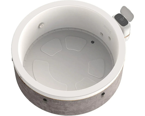 Runder aufblasbarer Whirlpool mit grauer Außenwand in Steinoptik, weißem Innenbereich, Sitzpolstern und externem Bedienfeld.
