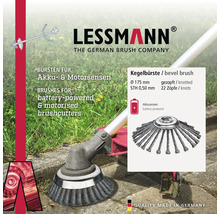Lessmann Logo, gezopfte Kegelbürste für Akku- und Motorsensen, Durchmesser 175 Millimeter, 22 Zöpfe, Stahldrahtstärke 0,50 Millimeter.
