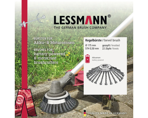 Lessmann Logo, gezopfte Kegelbürste für Akku- und Motorsensen, Durchmesser 175 Millimeter, 22 Zöpfe, Stahldrahtstärke 0,50 Millimeter.