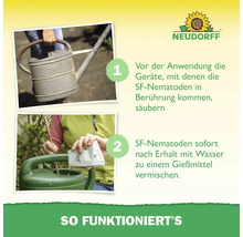Anleitung zur Anwendung von Neudorff SF-Nematoden: Erstens Gießkanne säubern, zweitens Nematoden mit Wasser vermischen. Neudorff Logo.