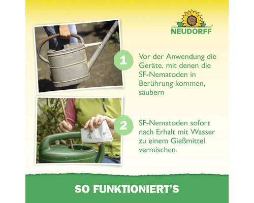 Anleitung zur Anwendung von Neudorff SF-Nematoden: Erstens Gießkanne säubern, zweitens Nematoden mit Wasser vermischen. Neudorff Logo.