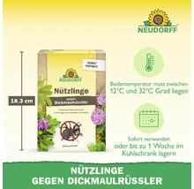 Neudorff Logo. Nützlinge gegen Dickmaulrüssler, 18,3 Zentimeter hoch. Bodentemperatur 12 bis 32 Grad Celsius. Sofort nutzen oder 1 Woche kühlen.