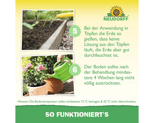 Neudorff Logo und Infografik zur Anwendung: Schritt 5 zeigt das Wässern von Erde, Schritt 6 das Gießen von Rosen in Töpfen bei 12 bis 32 Grad Celsius.
