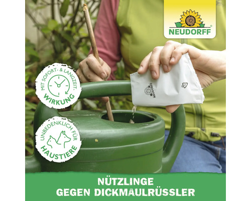 Neudorff Logo. Eine Person füllt Nützlinge gegen Dickmaulrüssler aus einem Beutel in eine Gießkanne. Sofort- und Langzeitwirkung, unbedenklich für Haustiere.