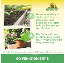 Neudorff Logo und Infografik zur Anwendung: Schritt 5 zeigt das Wässern von Erde, Schritt 6 das Gießen von Rosen in Töpfen bei 12 bis 32 Grad Celsius.