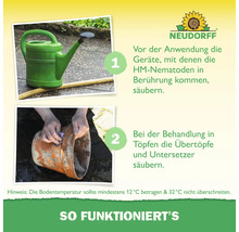 Neudorff Logo und Anleitung: Geräte und Töpfe vor Anwendung von HM-Nematoden reinigen. Bodentemperatur zwischen 12 und 32 Grad Celsius einhalten.