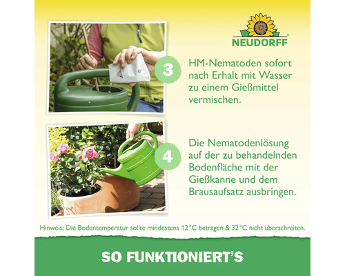 Anleitung für Neudorff Nematoden: Schritt 3 zeigt Mischen in Gießkanne, Schritt 4 das Ausbringen. Neudorff Logo. Nutzung bei 12 bis 32 Grad Celsius.