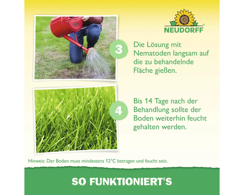 Neudorff Logo. Anleitung für Nematoden: Lösung gießen und Boden 14 Tage feucht halten bei mindestens 12 Grad Celsius.