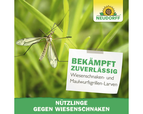 Neudorff Logo, Wiesenschnake auf Gras, Nützlinge gegen Wiesenschnaken- und Maulwurfsgrillen-Larven.