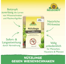 Neudorff Logo. Neudorff Nützlinge gegen Wiesenschnaken. Natürliche Larvenbekämpfung. Unbedenklich für Menschen, Haustiere und Pflanzen.