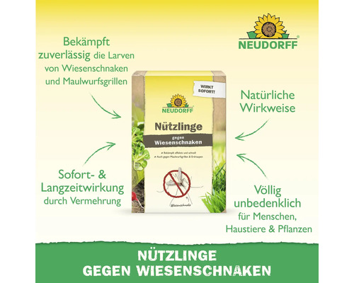 Neudorff Logo. Neudorff Nützlinge gegen Wiesenschnaken. Natürliche Larvenbekämpfung. Unbedenklich für Menschen, Haustiere und Pflanzen.