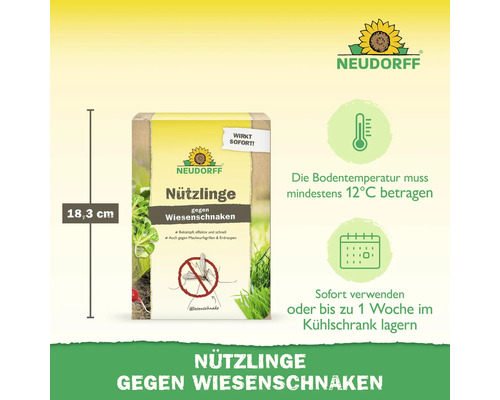 Neudorff Nützlinge gegen Wiesenschnaken, Packungshöhe 18,3 Zentimeter, Anwendung ab 12 Grad Celsius Bodentemperatur, gekühlt 1 Woche lagerbar.