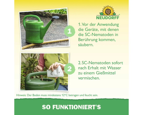 Anleitung Neudorff SC-Nematoden: 1. Gießkanne reinigen, 2. Nematoden mit Wasser mischen. Boden feucht, mindestens 12 Grad Celsius. Neudorff Logo.