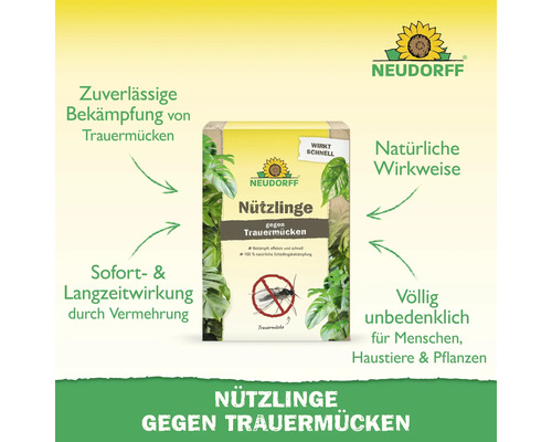 Neudorff Logo, Neudorff Nützlinge gegen Trauermücken. Natürliche biologische Schädlingsbekämpfung, unbedenklich für Menschen, Haustiere und Pflanzen.