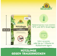 Neudorff Logo. Nützlinge gegen Trauermücken, Packungshöhe 18,3 Zentimeter. Bodentemperatur 12 bis 32 Grad Celsius. Lagerung im Kühlschrank bis eine Woche.