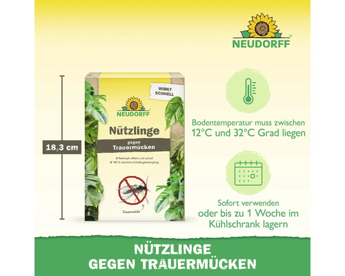 Neudorff Logo. Nützlinge gegen Trauermücken, Packungshöhe 18,3 Zentimeter. Bodentemperatur 12 bis 32 Grad Celsius. Lagerung im Kühlschrank bis eine Woche.