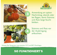 Anleitung für Neudorff Produkte an Obstbäumen: Befeuchten und Anwendungszeitpunkt beachten. Temperatur 12 bis 28 Grad. Neudorff Logo.