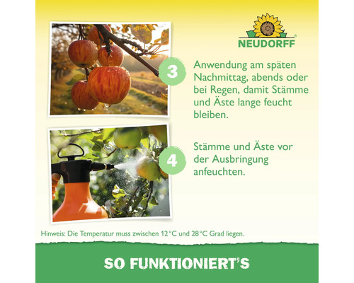 Anleitung für Neudorff Produkte an Obstbäumen: Befeuchten und Anwendungszeitpunkt beachten. Temperatur 12 bis 28 Grad. Neudorff Logo.