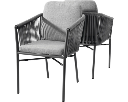 Zwei moderne Gartenstühle mit Metallgestell, Seilgeflecht an Rücken und Seiten sowie grauen Polstern.