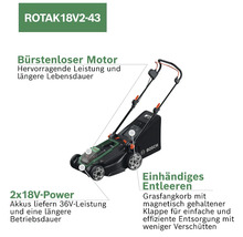 Akku-Rasenmäher Bosch ROTAK 18V2-43 mit bürstenlosem Motor, 36 Volt Leistung durch zwei 18 Volt Akkus und Grasfangkorb.