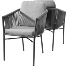 Gartenstühle mit Seilbespannung, Metallgestell und Polstern für Sitz und Rücken.