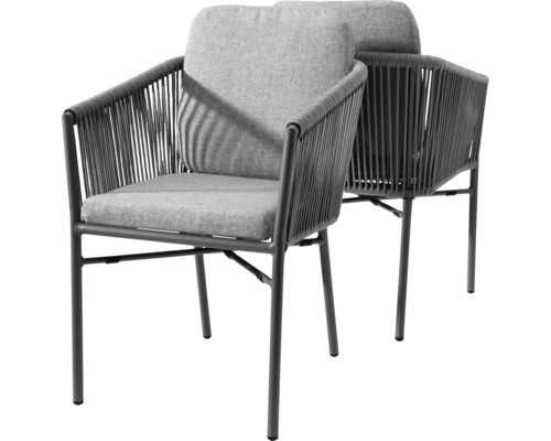 Gartenstühle mit Seilbespannung, Metallgestell und Polstern für Sitz und Rücken.