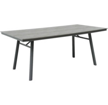 Rechteckiger Gartentisch mit grauer Tischplatte in Holzoptik und dunkelgrauem Metallgestell.