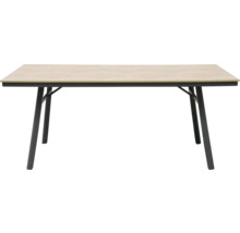 Rechteckiger Tisch mit Tischplatte in heller Holzoptik und schwarzem Metallgestell.