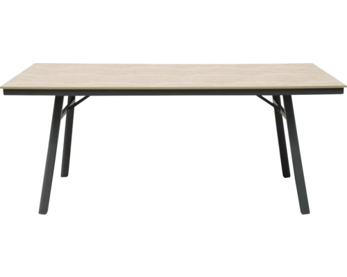 Rechteckiger Tisch mit Tischplatte in heller Holzoptik und schwarzem Metallgestell.