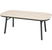 Ovaler Gartentisch mit Tischplatte in heller Holzoptik und dunklem Metallgestell.