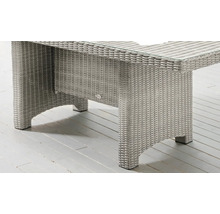 Grauer Gartentisch aus Polyrattan mit Glasplatte, Detailansicht der Tischbeine und des Geflechts.