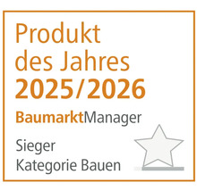 Auszeichnung Produkt des Jahres 2025/2026 vom BaumarktManager, Gewinner in der Kategorie Bauen.