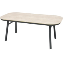 Ovaler Gartentisch mit einer Tischplatte in heller Holzoptik und einem stabilen Gestell aus dunklem Metall.
