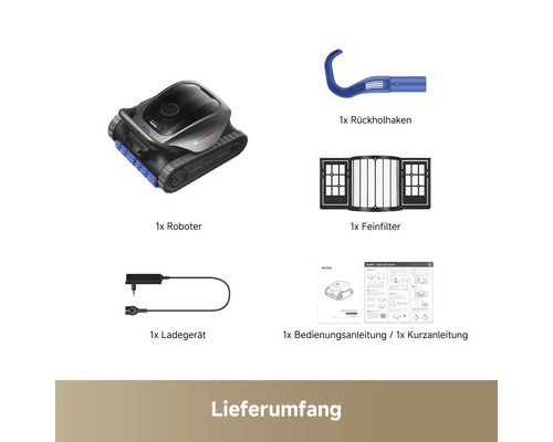 Lieferumfang Poolroboter: Roboter, Rückholhaken, Feinfilter, Ladegerät, Bedienungsanleitung und Kurzanleitung.