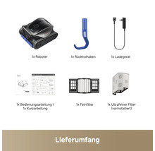 Lieferumfang Poolroboter mit Rückholhaken, Ladegerät, Feinfilter, ultrafeinem Filter, Bedienungsanleitung und Kurzanleitung.