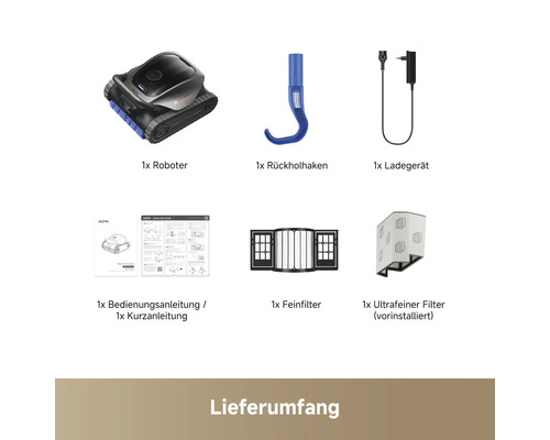 Lieferumfang Poolroboter mit Rückholhaken, Ladegerät, Feinfilter, ultrafeinem Filter, Bedienungsanleitung und Kurzanleitung.