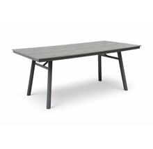 Rechteckiger Gartentisch mit anthrazitfarbenem Aluminiumgestell und grauer Tischplatte in Holzoptik.