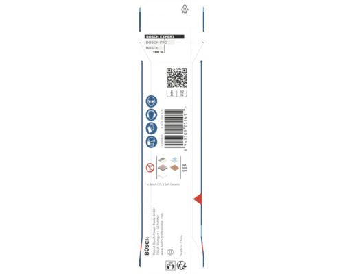 Rückseite der Verpackung für Bosch Expert Zubehör mit Sicherheitssymbolen, Anwendungshinweisen für Fliesen und Barcode.