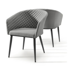 Zweier-Set gepolsterte Armlehnenstühle mit grauem Stoffbezug, Rautensteppung an der Innenseite und schwarzen Metallbeinen.