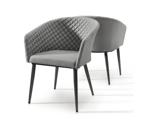 Zweier-Set gepolsterte Armlehnenstühle mit grauem Stoffbezug, Rautensteppung an der Innenseite und schwarzen Metallbeinen.