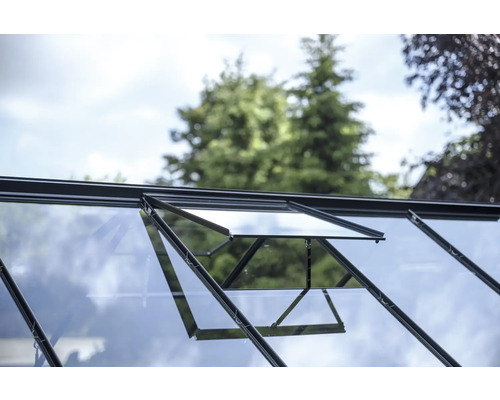 Geöffnetes Dachfenster eines Gewächshauses mit Metallrahmen und Glasfüllung.