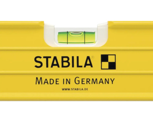 Wasserwaage von Stabila mit Libelle, Stabila Logo und Aufschrift Made in Germany.