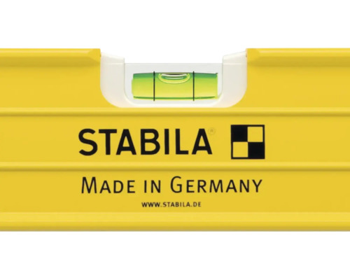Stabila Logo auf einer Wasserwaage mit Libelle und dem Schriftzug Made in Germany.