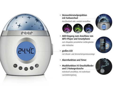 Reer Sternenprojektor MyMagicStarlight mit LCD-Anzeige für Uhrzeit und Temperatur, Musikfunktion, AUX-Anschluss und Alarmfunktion. Reer Logo.