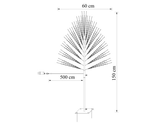 Technische Zeichnung eines LED-Baums mit den Maßen 150 Zentimeter Höhe, 60 Zentimeter Breite und 500 Zentimeter Zuleitung.