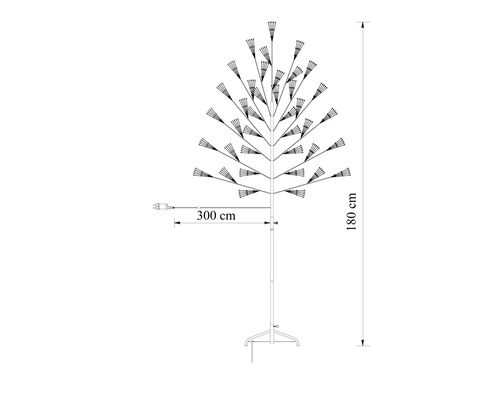 Maßskizze eines LED-Lichterbaums mit einer Höhe von 180 Zentimetern und einer Zuleitung von 300 Zentimetern.